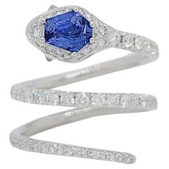 Benitoite and White Diamond Snake Ring in 18k