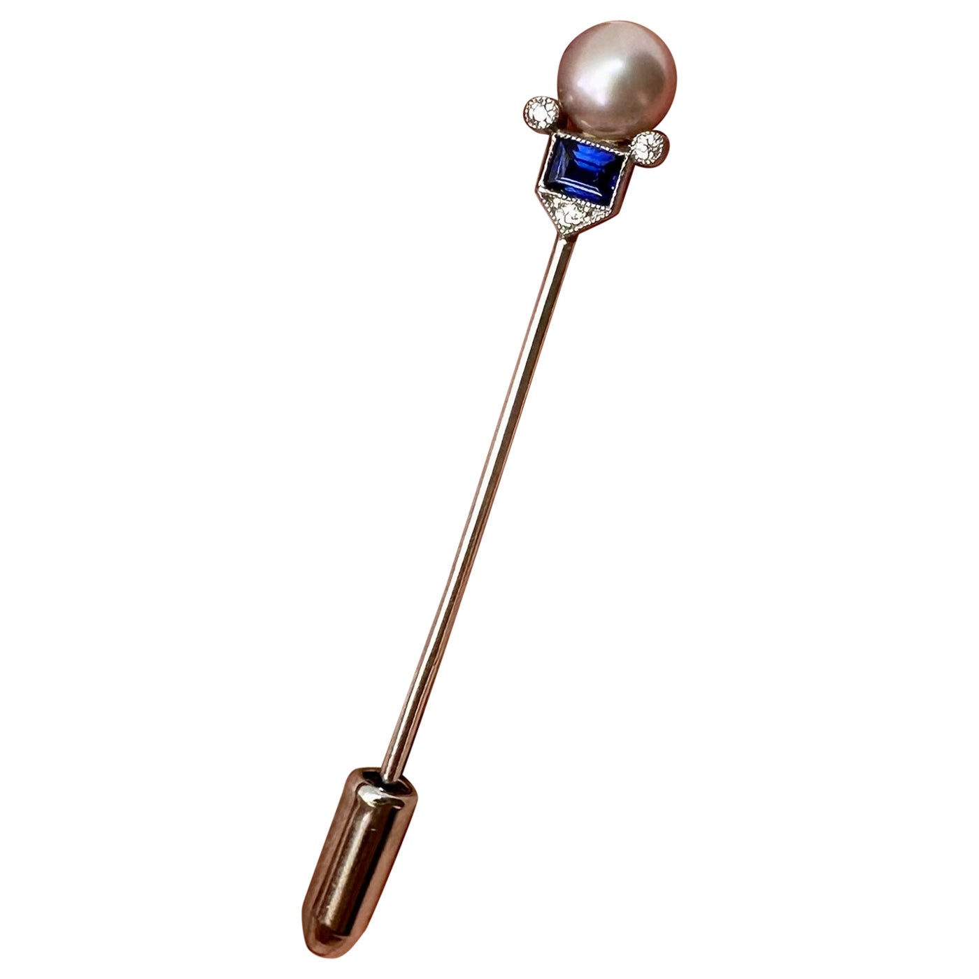 Tiffany & Co. Art Deco Sapphire Pearl Diamond Platinum Stick Pin Brooch, 1900 For Sale