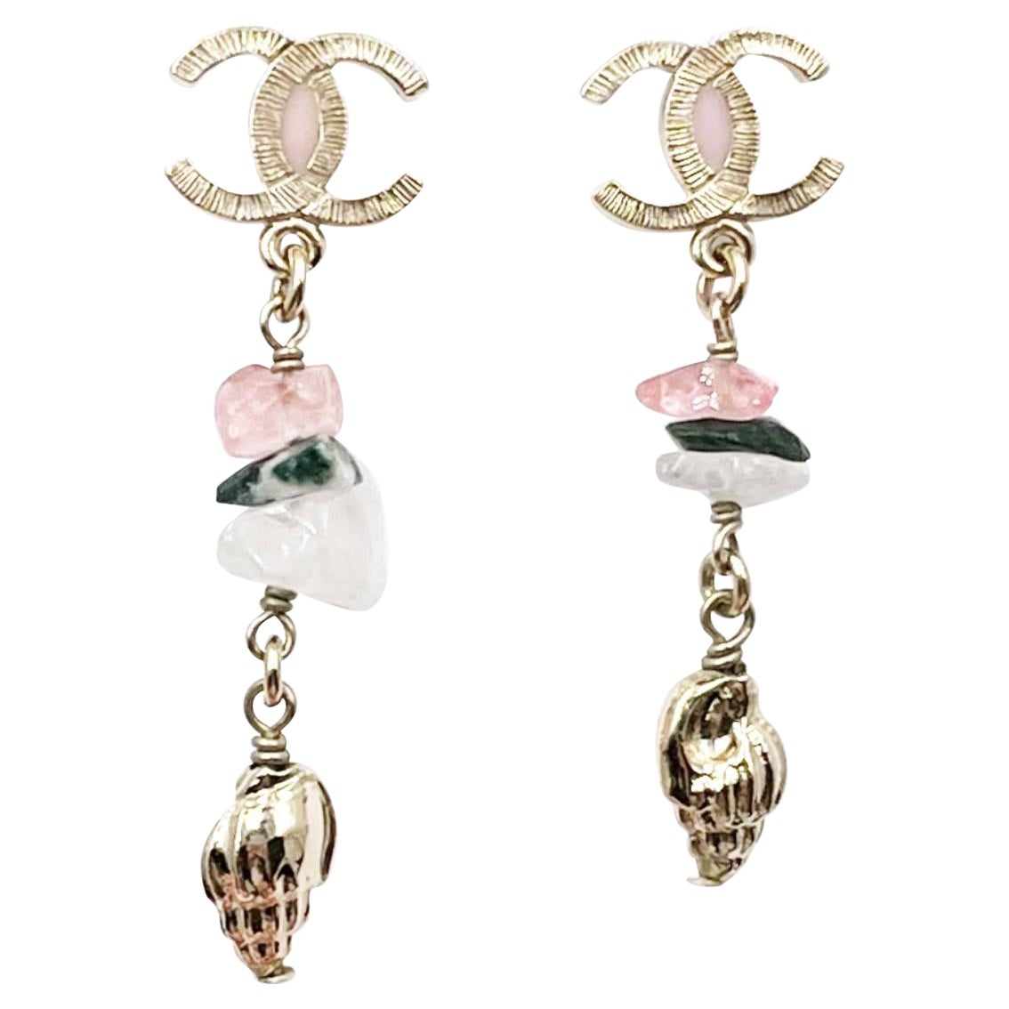 Chanel Gold CC Pink White Stone Shell Dangle Piercing Earrings For Sale
