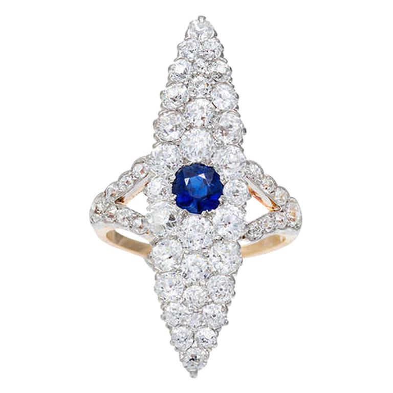 3.73 Carat Blue Sapphire Diamond Victorian Gold Platinum Cocktail Ring For Sale
