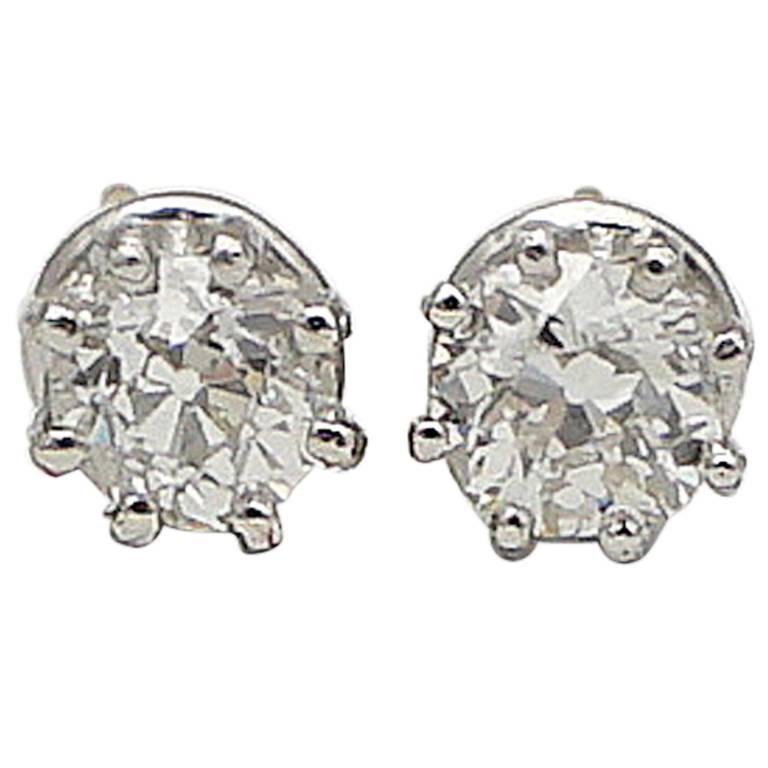 European Cut 1.30 Carat Diamond Stud Earrings in Platinum For Sale