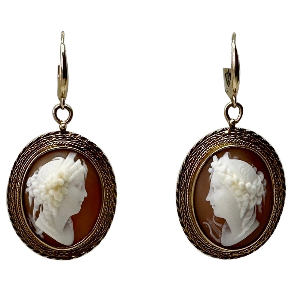 Victorian Goddess Woman Cameo Earrings Dangle Drop Earrings Gold, circa 1870 For Sale