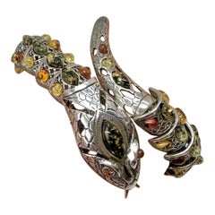 Vintage Amber Snake Bracelet Sterling Silver Articulated Mouth Opens 