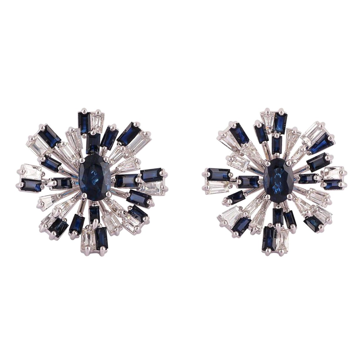 Blue Sapphire & Diamond Earrings Studded in 18k White Gold For Sale