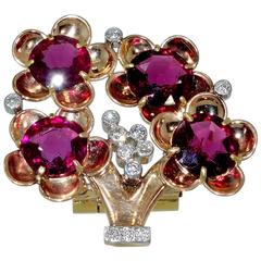 1940s Cartier Garnet Gold Platinum Tree Motif Clip