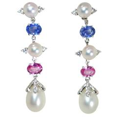 Blue and Pink Sapphire Gold Drop Earrings 9