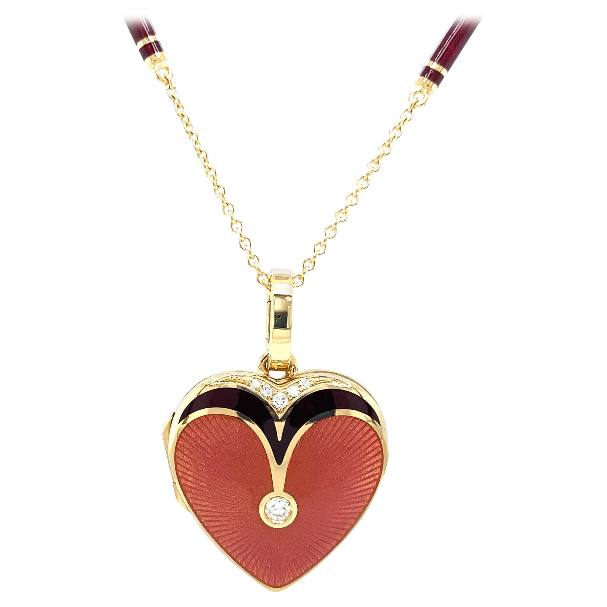 Pendentif médaillon en forme de cœur en or jaune 18 carats, émail rose et rouge avec 6 diamants en vente