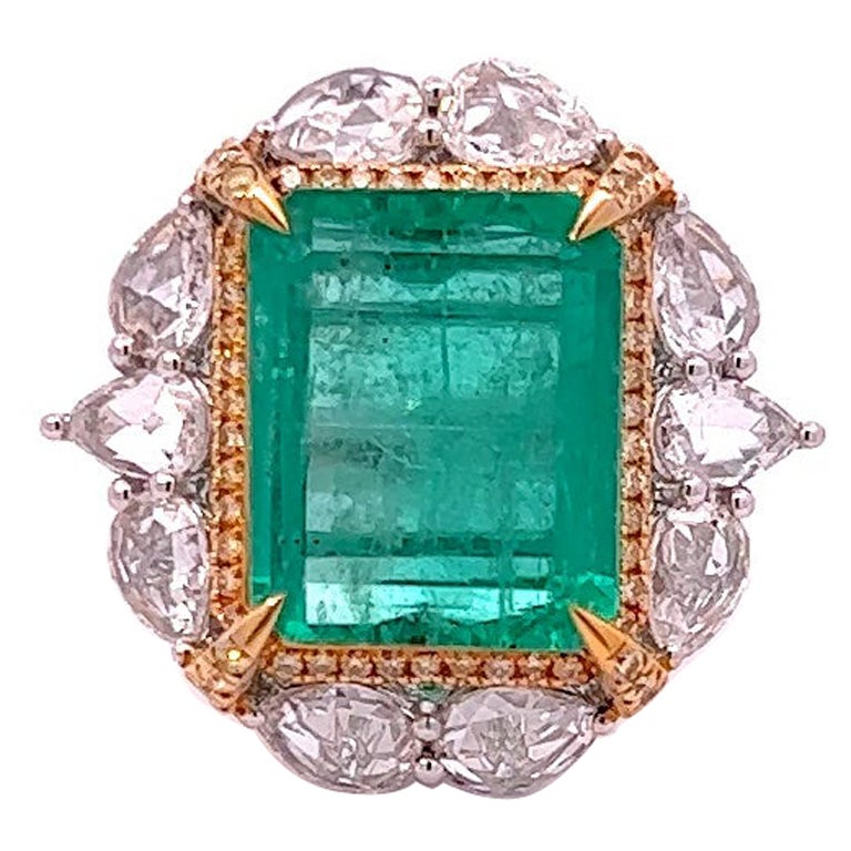 GIA Certified 10.15 Carat Colombian Emerald Ring with 2.73ct Rose Cut Diamonds  For Sale