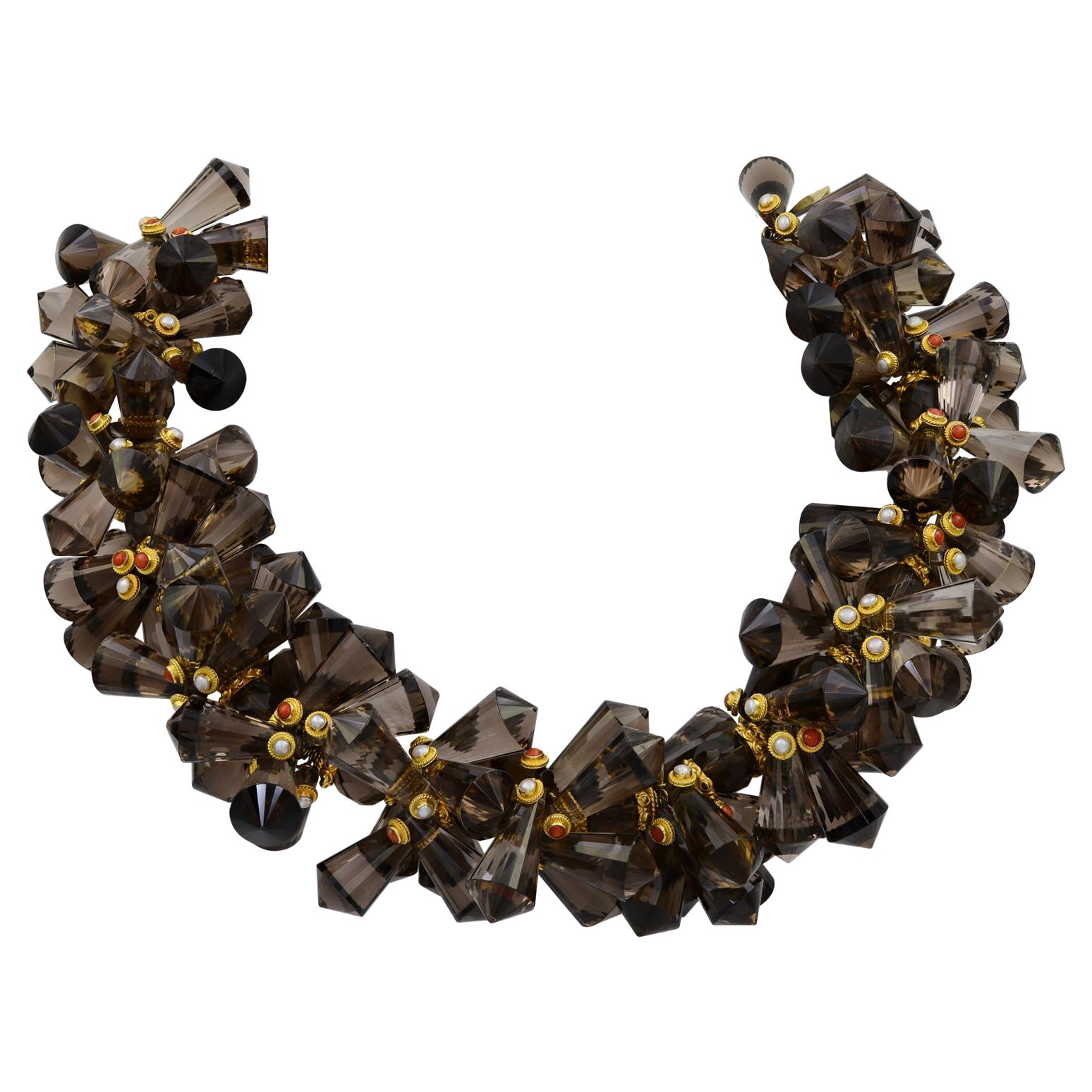 Smokey Topaz Beaded Necklace in 22kt Gold For Sale