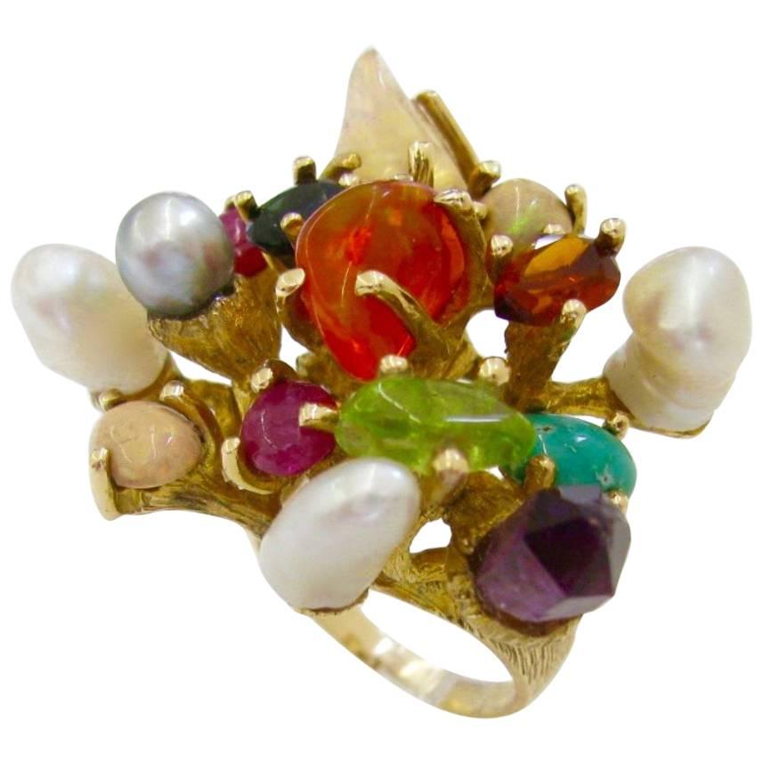 1970s Virgilio of Taxco Modernist Gemstone Cocktail Ring