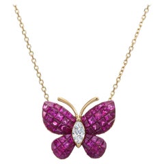 Invisible Set Ruby Diamond Butterfly Necklace Vintage 18k Yellow Gold