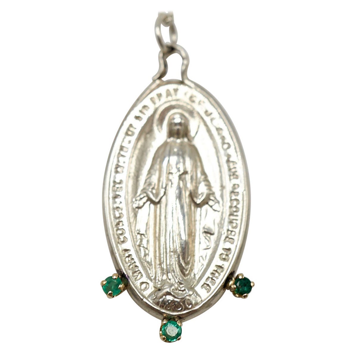 Virgin Mary Medal Oval Pendant Emeralds Silver Chain Necklace For Sale