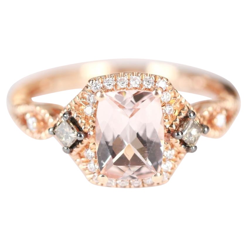 Classic Cushion-Cut Morganite with Round-Cut Diamond 14k Rose Gold Ring For Sale