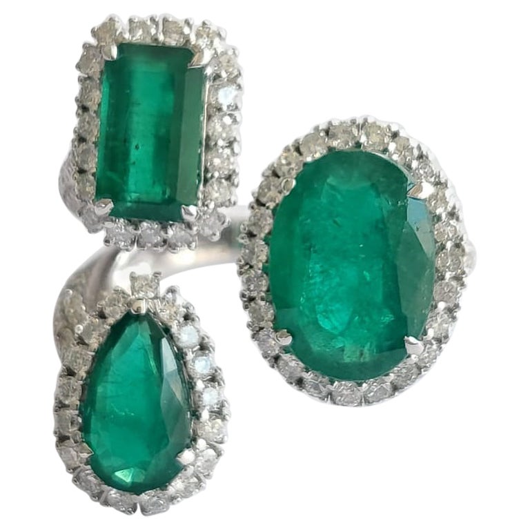 5.52 Carats, Natural Zambian Emerald & Diamonds Three Stone Cocktail Ring