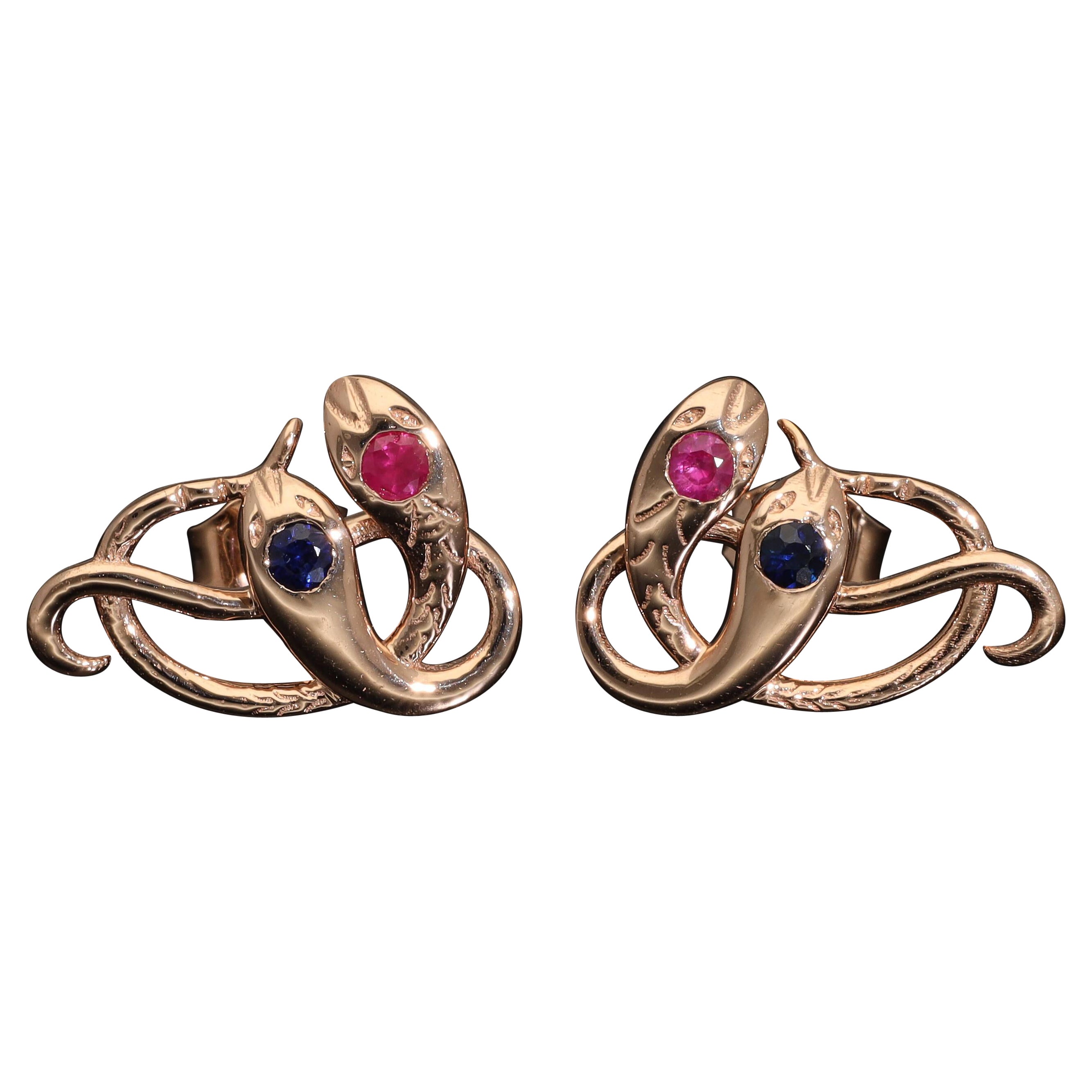 Antique Revival Gold Snake Stud Earrings, Ruby Sapphire Rose Gold Serpent Studs For Sale