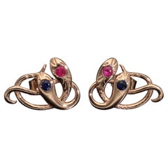 Antique Revival Gold Snake Stud Earrings, Ruby Sapphire Rose Gold Serpent Studs