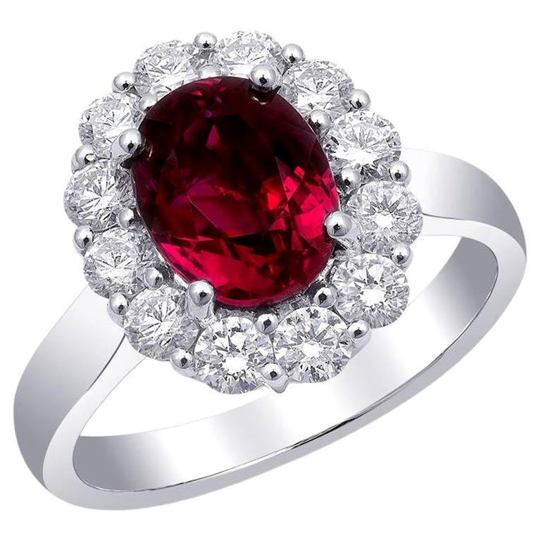 Bague en or blanc 18 carats avec diamants et rubis naturel non chauffé de 2,01 carats, certifié GIA et GIT