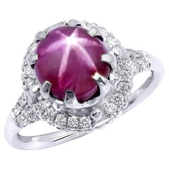 Natural Red Star Ruby Stone 4.34 carats set in 14K White Gold Ring with Diamonds