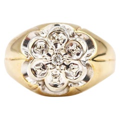Traditional 6 Petals Men's Ring Diamond Yellow Gold and White Gold