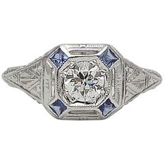Antique Art Deco .72 Carat Diamond French Cut Sapphire Filigree Engagement Ring
