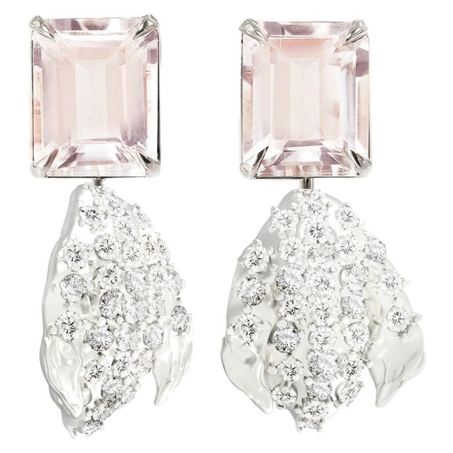 Morganite White Gold Contemporary Stud Earrings with Diamonds For Sale