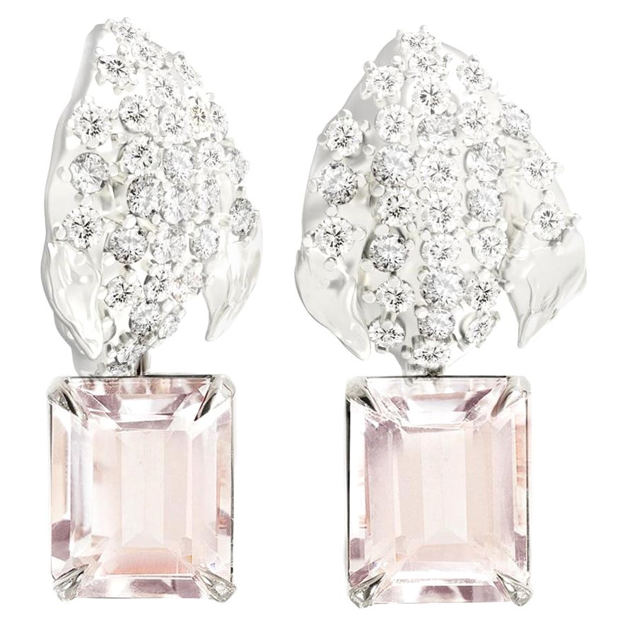 Morganite White Gold Contemporary Clip-On Earrings with Sixty Two Diamonds For Sale