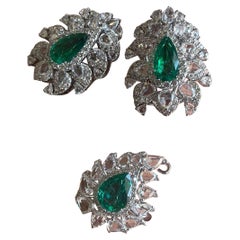 Emerald and Diamond Studs and Ring Suite
