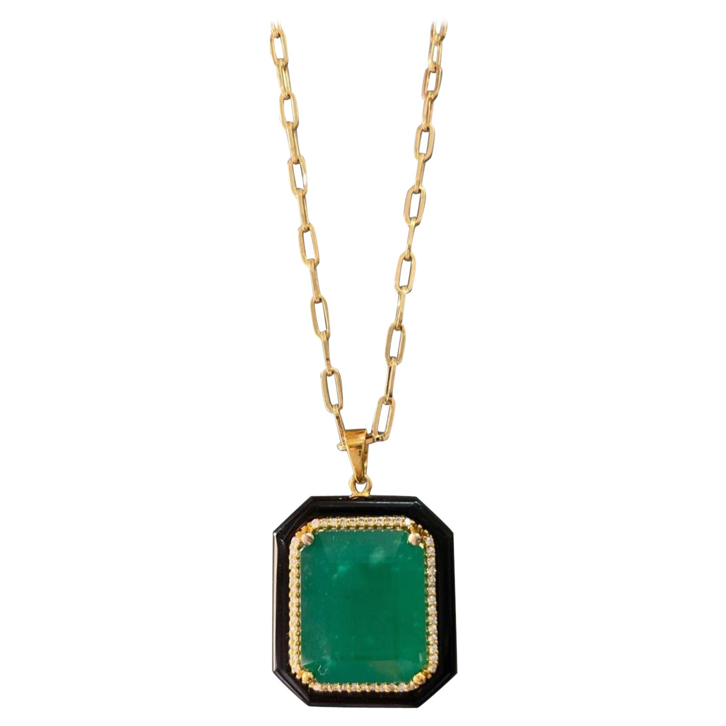 24.34 Carat Emerald, Black Onyx and Diamond Pendant For Sale
