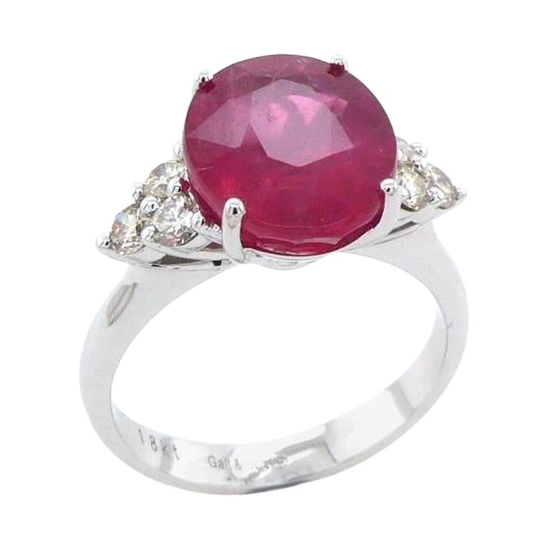 Round Rubellite Pink Tourmaline Diamond Three Stone 18 Karat White Gold Ring