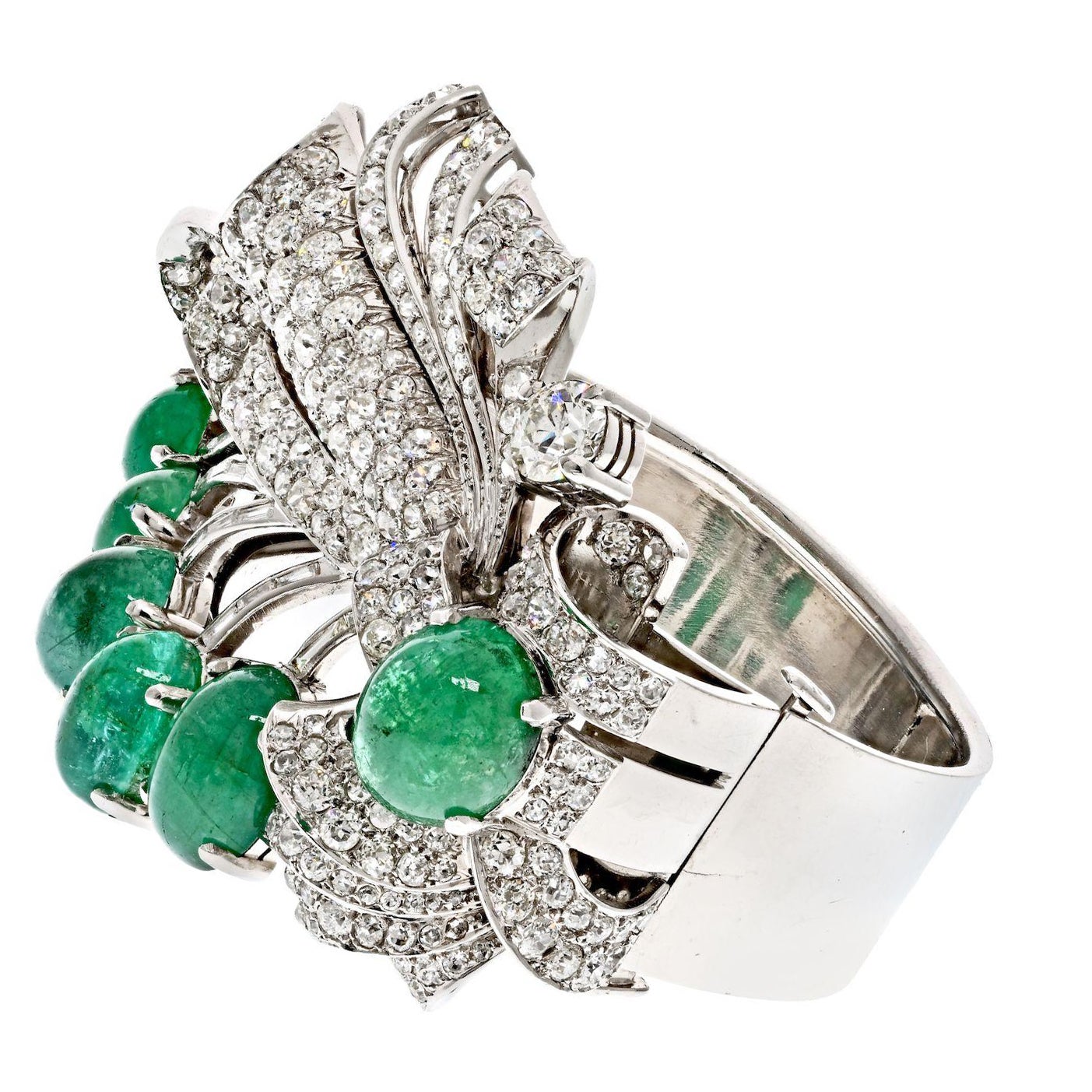 Platinum 1940s Cabochon Cut Green Emerald and Diamond Bracelet For Sale