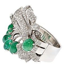 Used Platinum 1940s Cabochon Cut Green Emerald and Diamond Bracelet