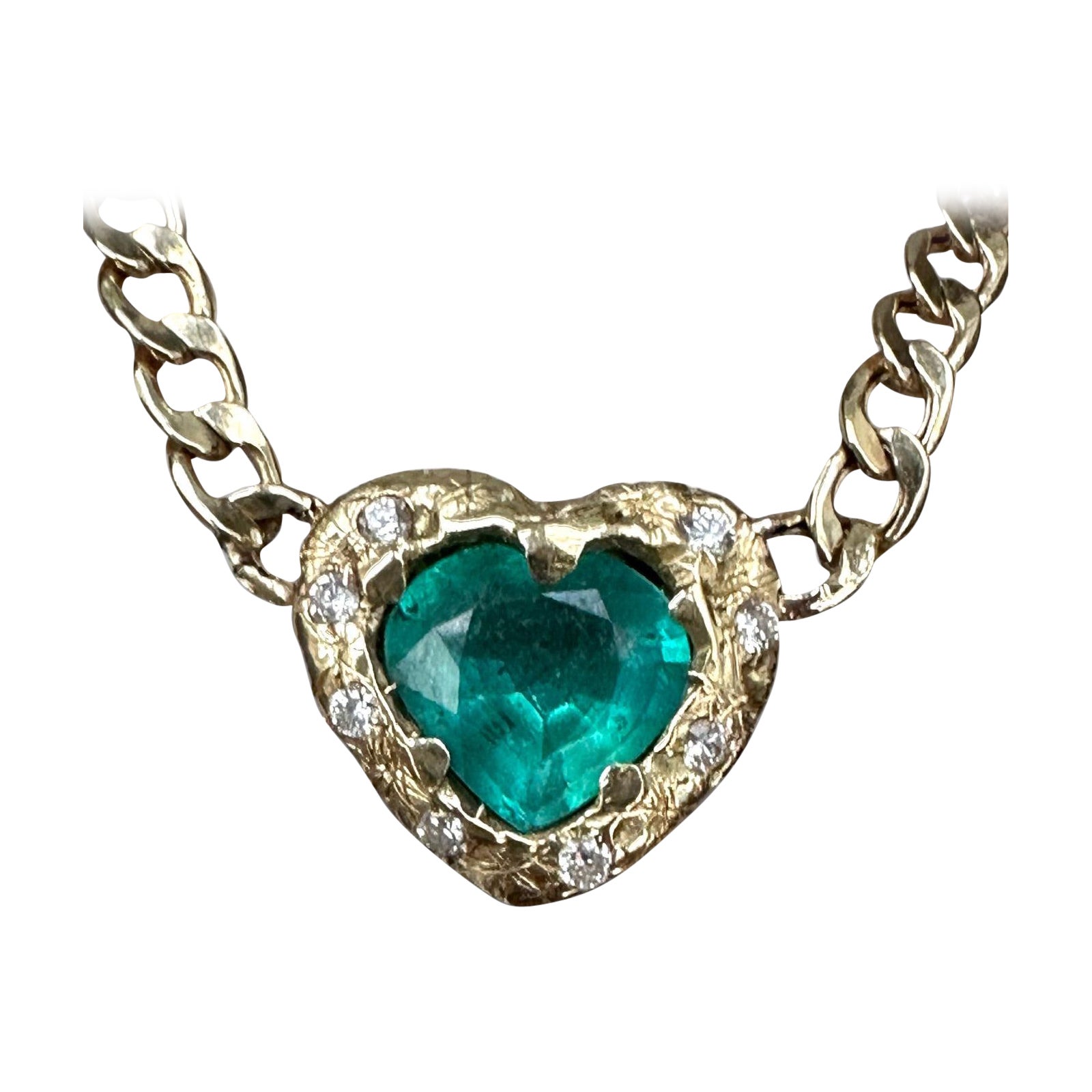Emerald Heart Necklace and Choker with Diamonds on a Cuban Link Chain One of For Sale