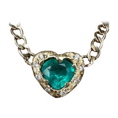 Used Emerald Heart Necklace and Choker with Diamonds on a Cuban Link Chain One of