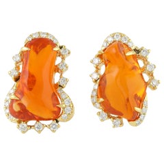 Rare Natural 6.45 Carats Fire Opal & Diamond Earrings 18k Yellow Gold