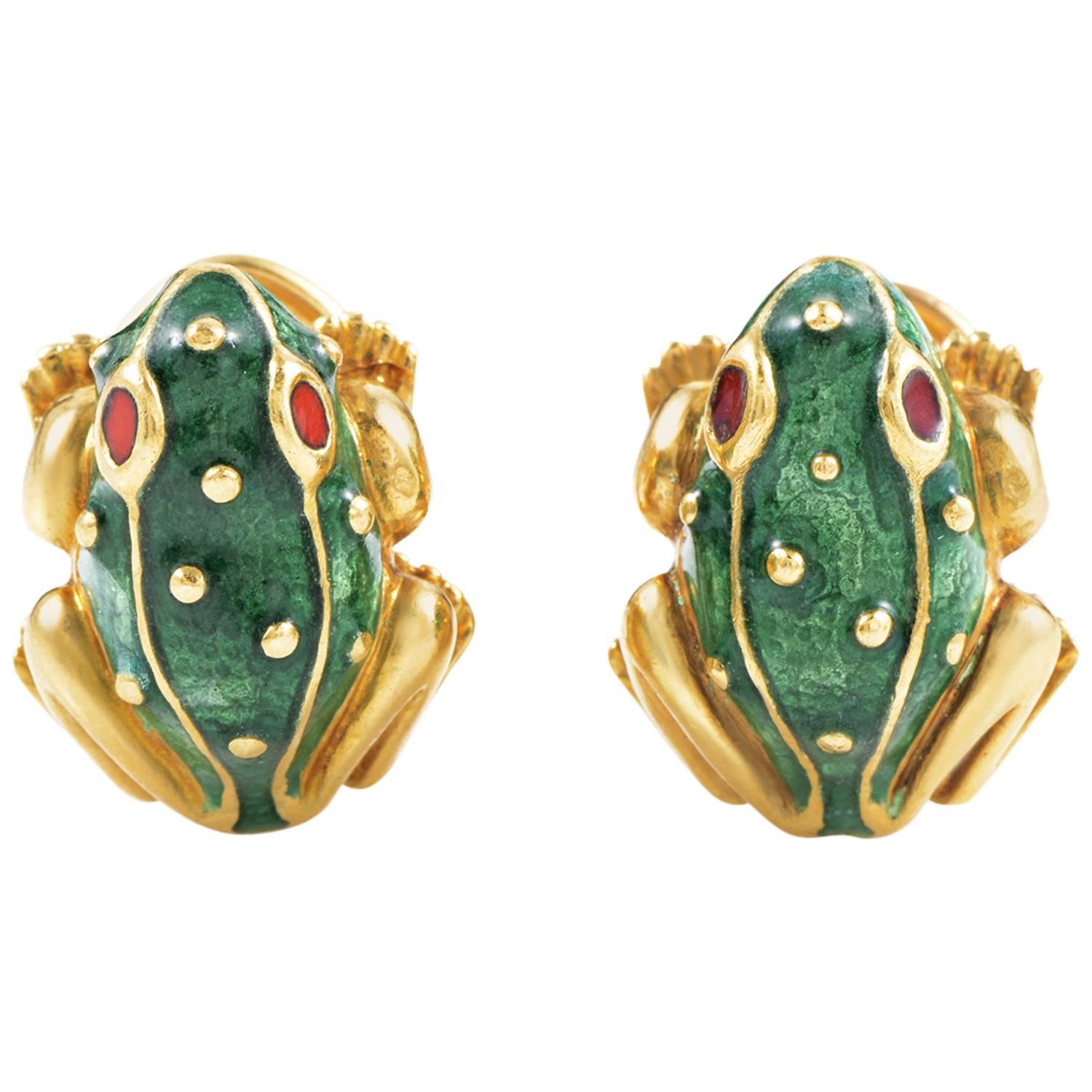 David Webb Enameled Ruby Gold Frog Earrings