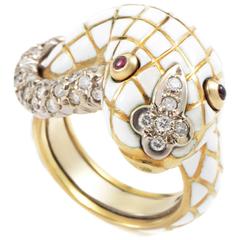 David Webb White Enamel Ruby Diamond Gold Snake Ring