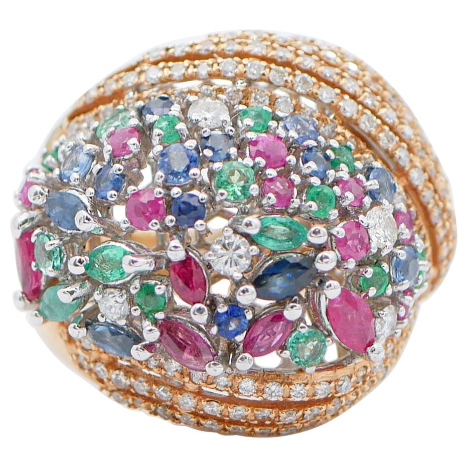 Emeralds, Rubies, Sapphires, Diamonds, 18 Karat Rose and White Gold Ring For Sale