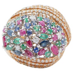 Vintage Emeralds, Rubies, Sapphires, Diamonds, 18 Karat Rose and White Gold Ring