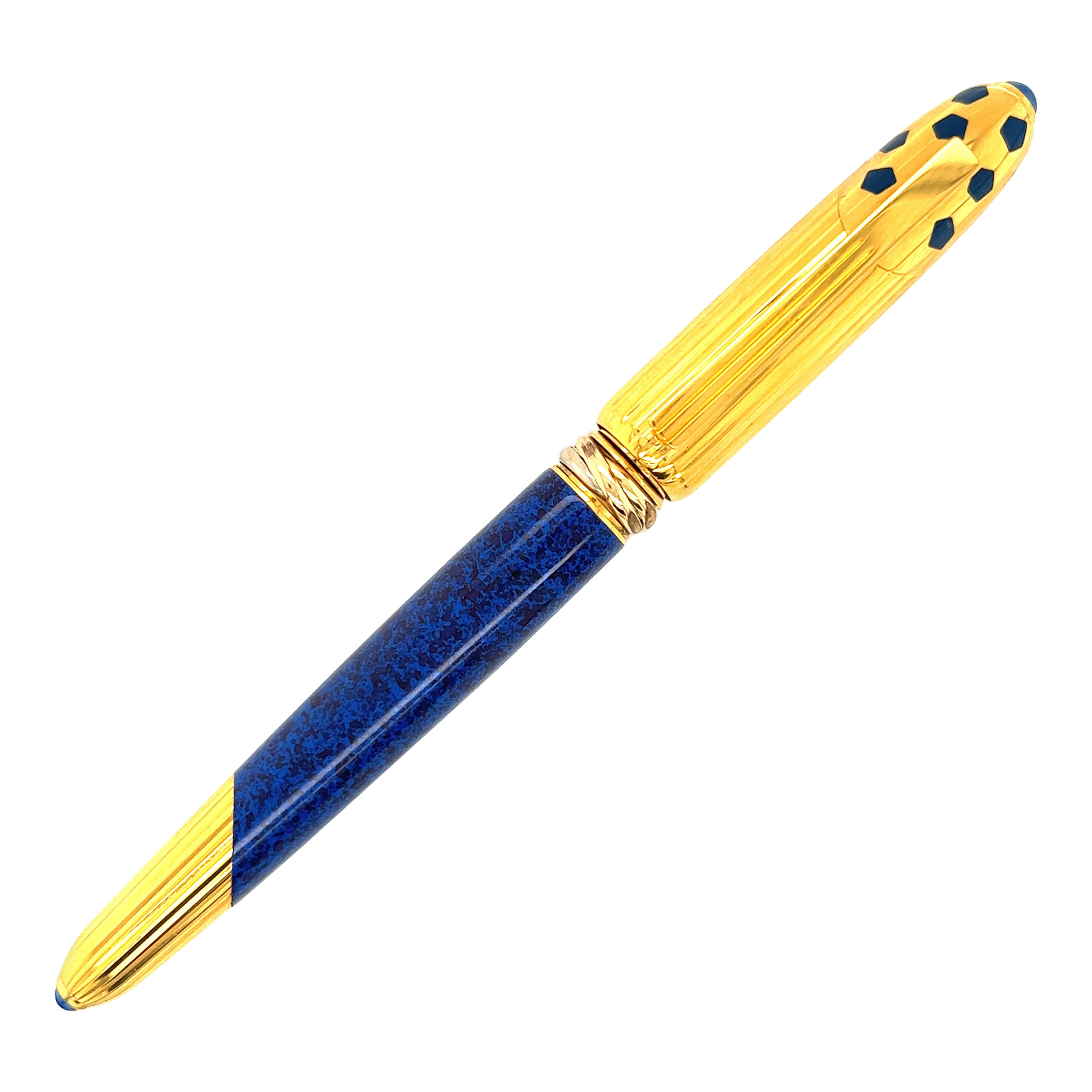 Cartier, stylo plume de panthère en laque bleue et plaqué or, boîte et papiers, 1990 en vente