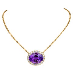Vintage 1960s Amethyst Diamond 18k Yellow Gold Halo Dangle Drop Pendant Chain Necklace