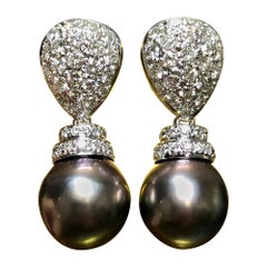 Estate 18k Pave Diamond Tahitian Pearl Drop Omega Back Swing Post Earrings G VS