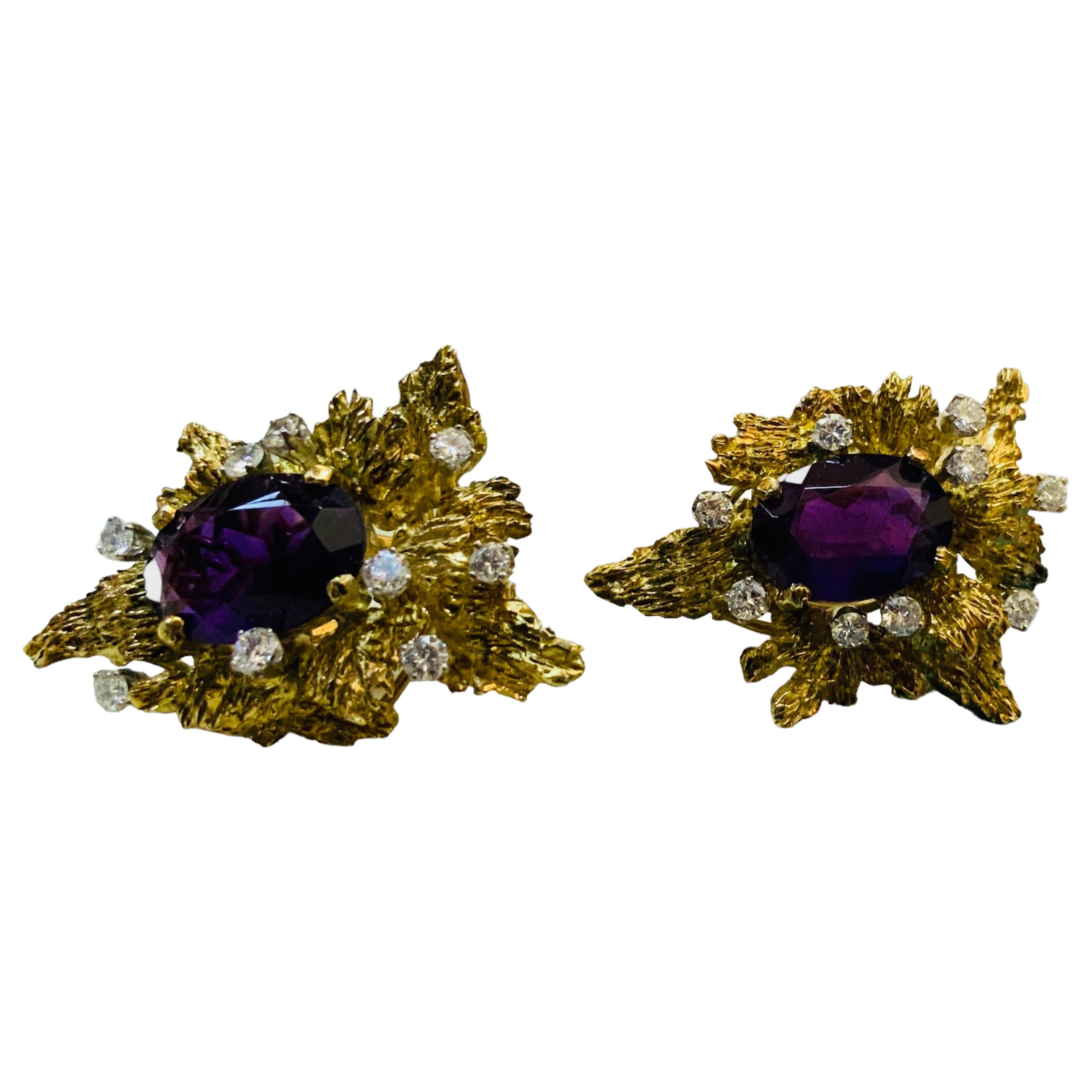 Brutalist Style Pair Of 14K Gold Amethyst And Diamonds Earrings  For Sale