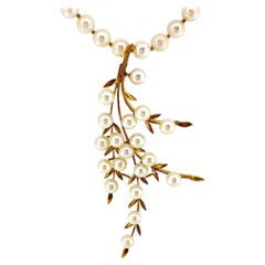 Retro "Sprig" Yellow Gold Pendant and Necklace with Akoya Pearls