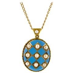 Victorian Pearl and Robin's Egg Blue Enamel Gold Locket