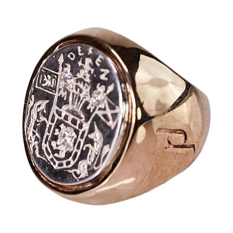 Weißer Diamant Wappen Siegelring Gold im Angebot