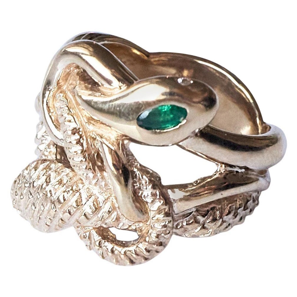 Emerald Marquis White Diamond Ruby Snake Ring Victorian Style Bronze J Dauphin For Sale