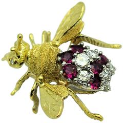 Ruby Diamond Gold Bee Brooch Pin