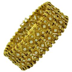 Highly Detailed Diamond Set Soft Wide Gold Bracelet