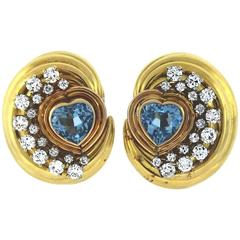 1970s David Webb Aquamarine Diamond Gold Earrings