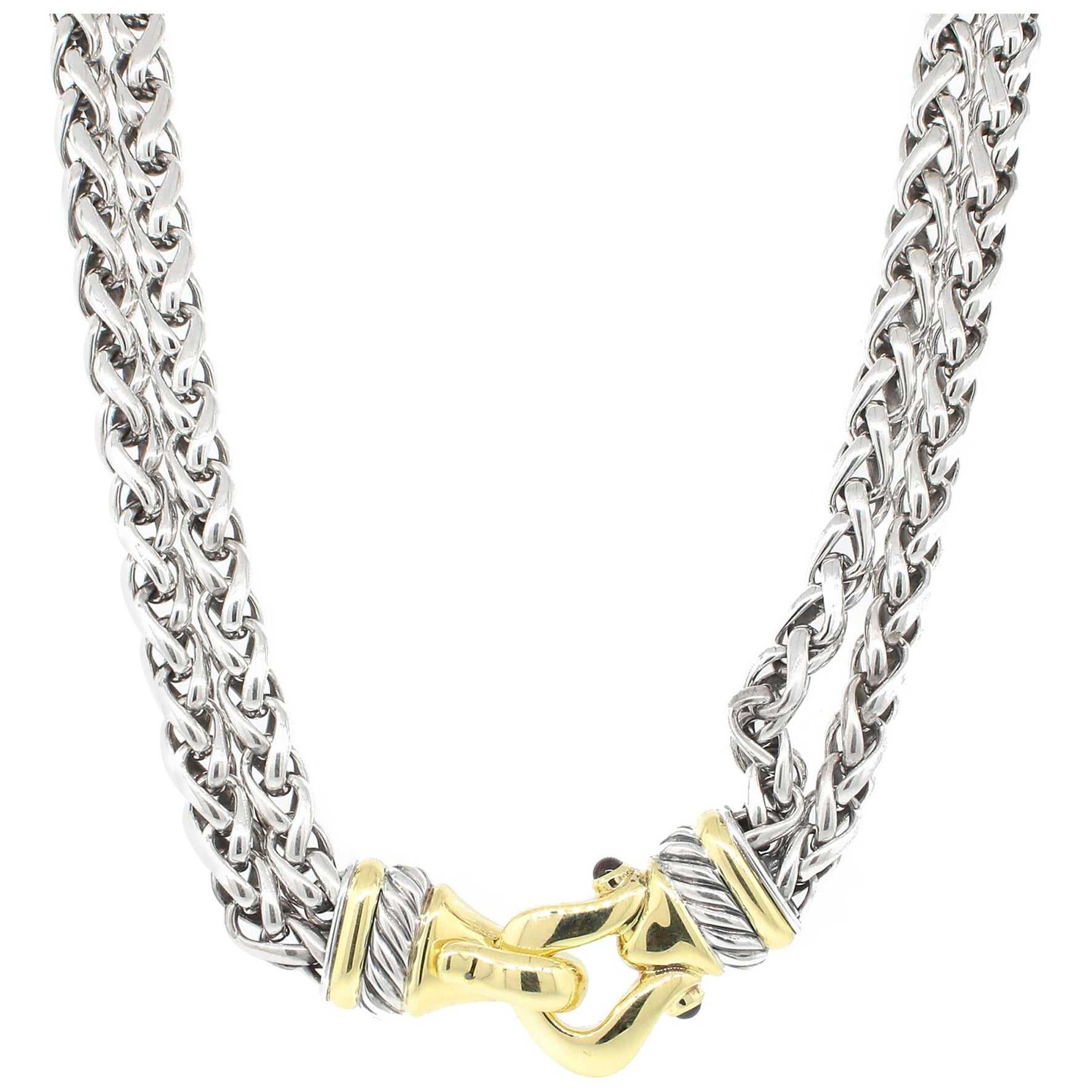David Yurman Silver and Solid 14 karat Gold Double Wheat Chain Buckle Necklace